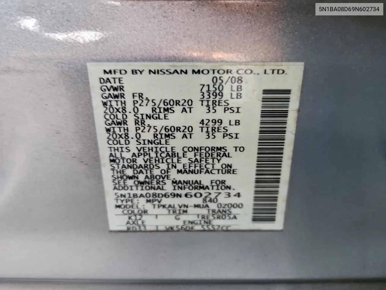 5N1BA08D69N602734 2009 Nissan Armada Se