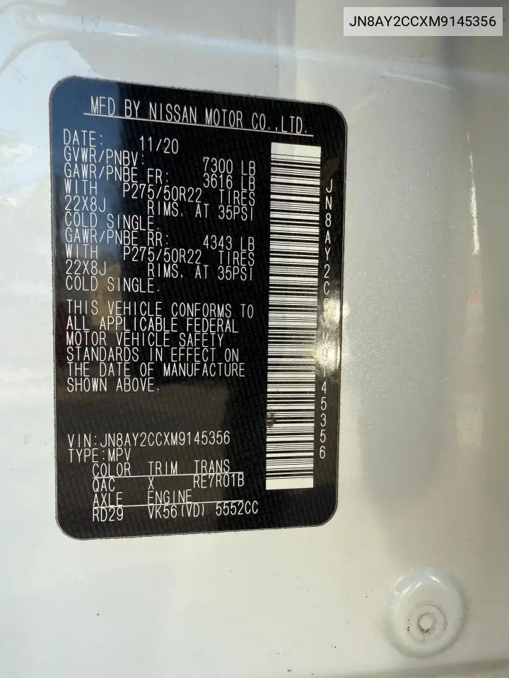 JN8AY2CCXM9145356 2021 Nissan Armada Platinum