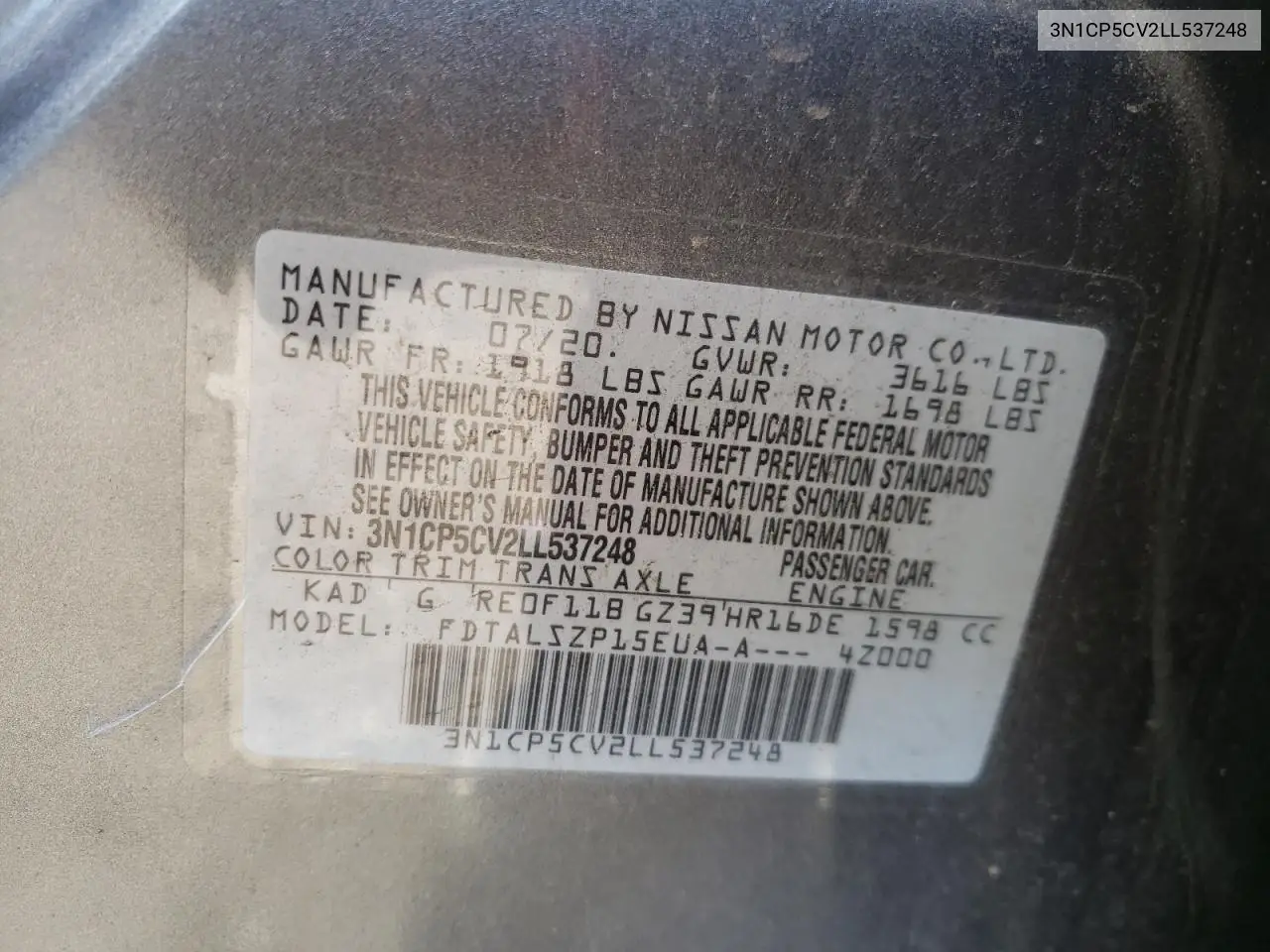 3N1CP5CV2LL537248 2020 Nissan Kicks Sv