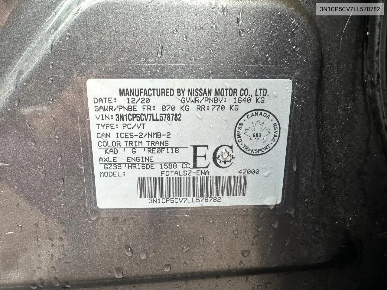 3N1CP5CV7LL578782 2020 Nissan Kicks Sv