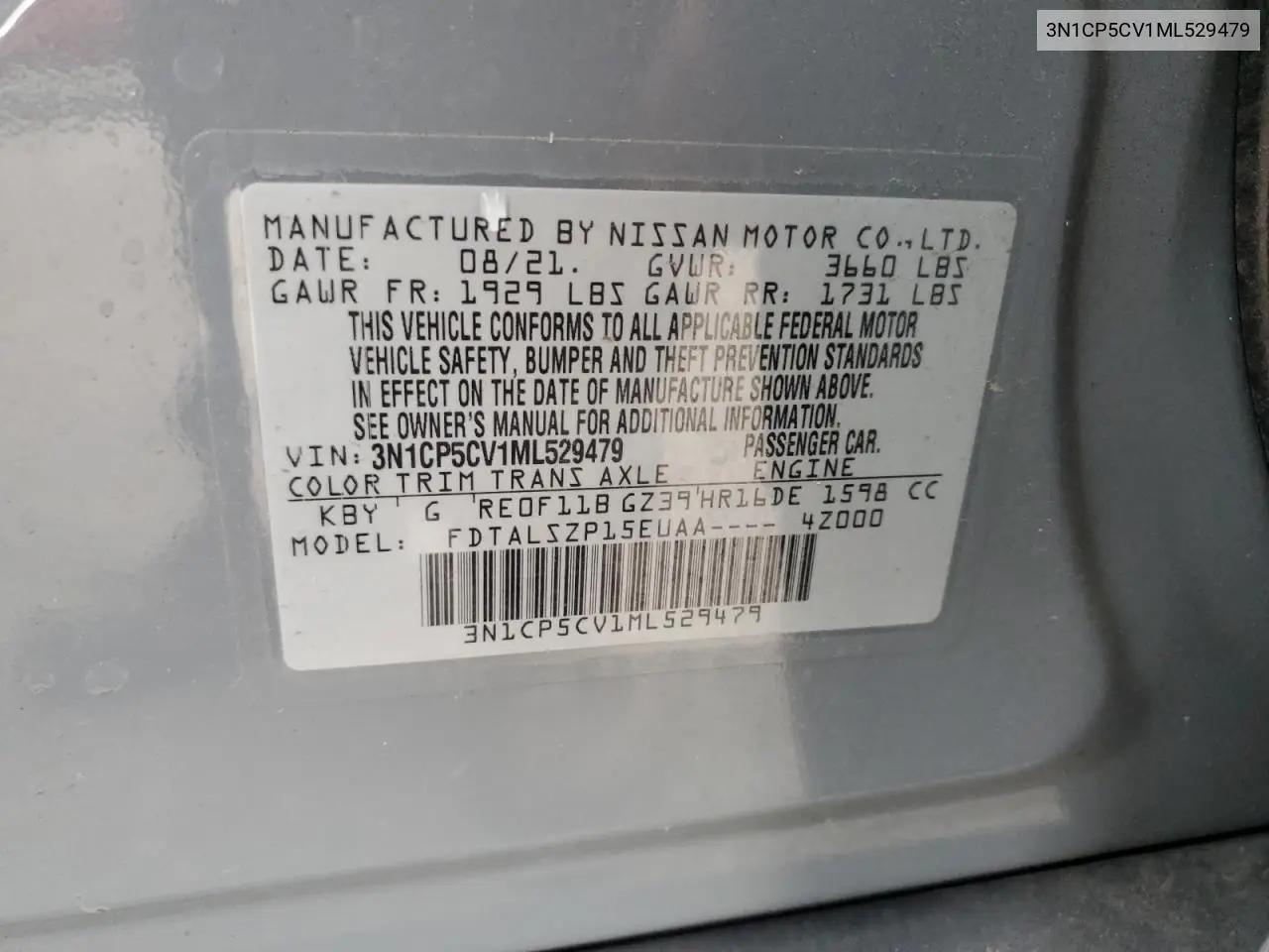 3N1CP5CV1ML529479 2021 Nissan Kicks Sv