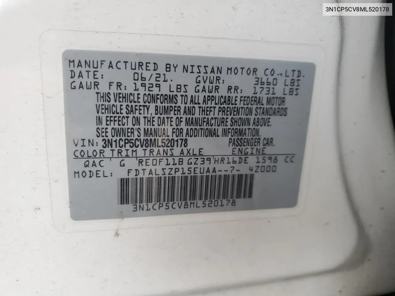 3N1CP5CV8ML520178 2021 Nissan Kicks Sv