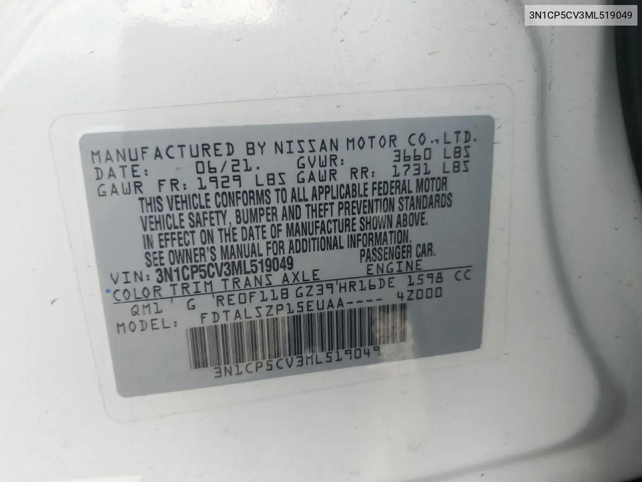 3N1CP5CV3ML519049 2021 Nissan Kicks Sv