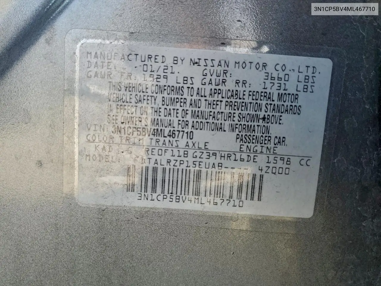 3N1CP5BV4ML467710 2021 Nissan Kicks S