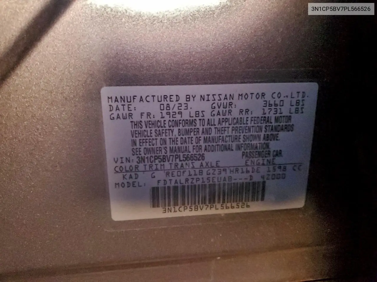 3N1CP5BV7PL566526 2023 Nissan Kicks S