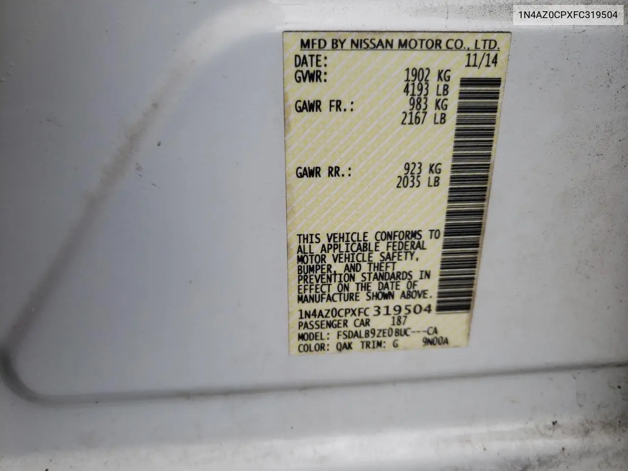 1N4AZ0CPXFC319504 2015 Nissan Leaf S