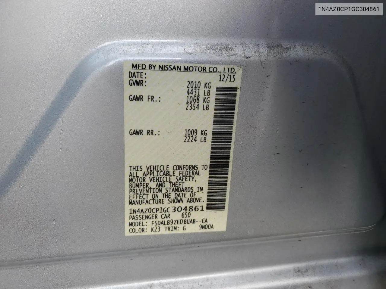 1N4AZ0CP1GC304861 2016 Nissan Leaf S