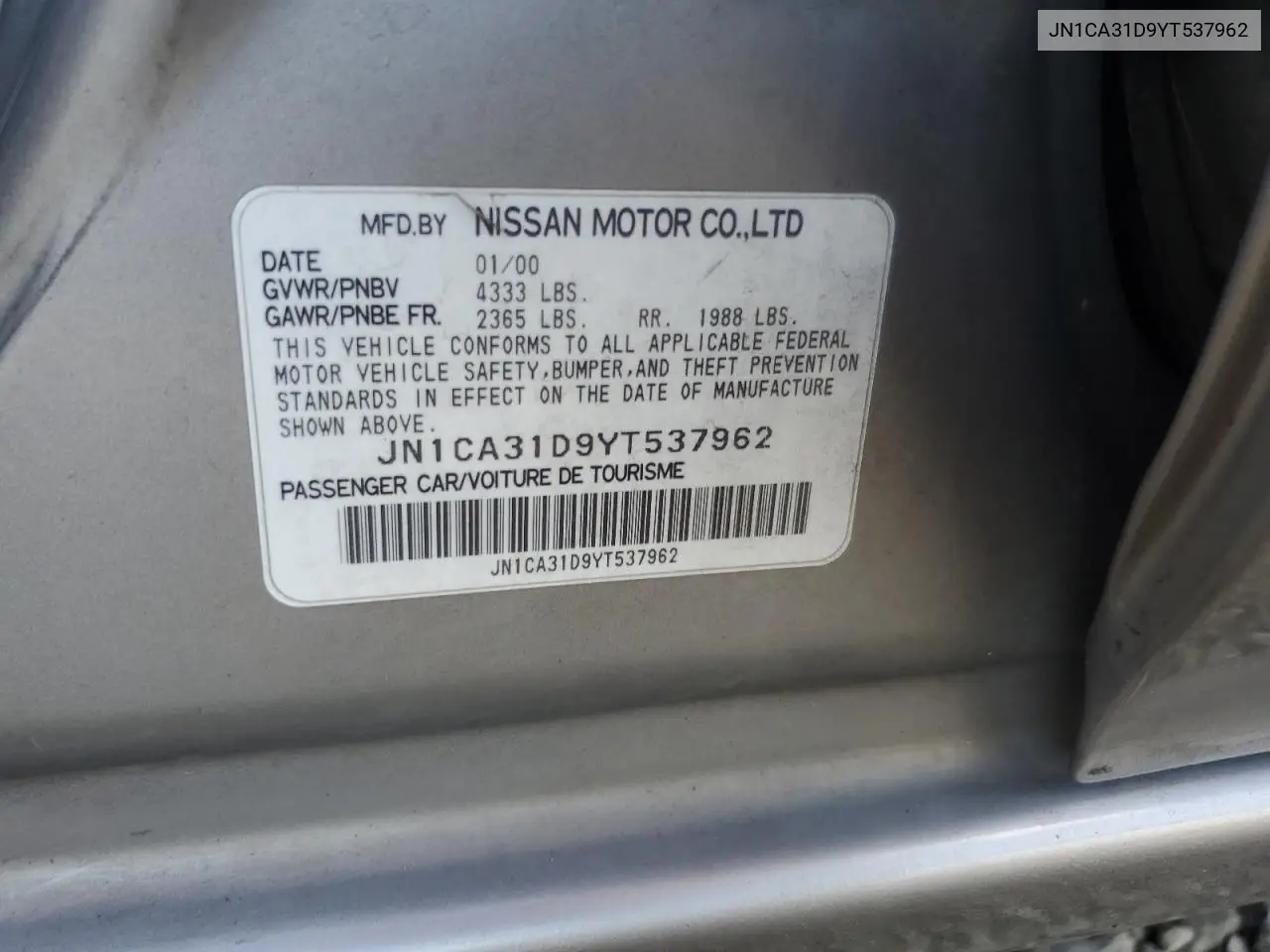 JN1CA31D9YT537962 2000 Nissan Maxima Gle
