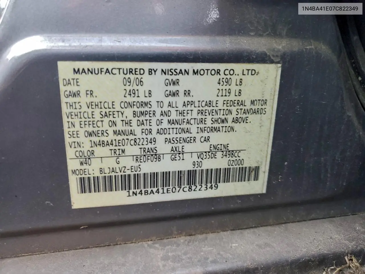 1N4BA41E07C822349 2007 Nissan Maxima Se