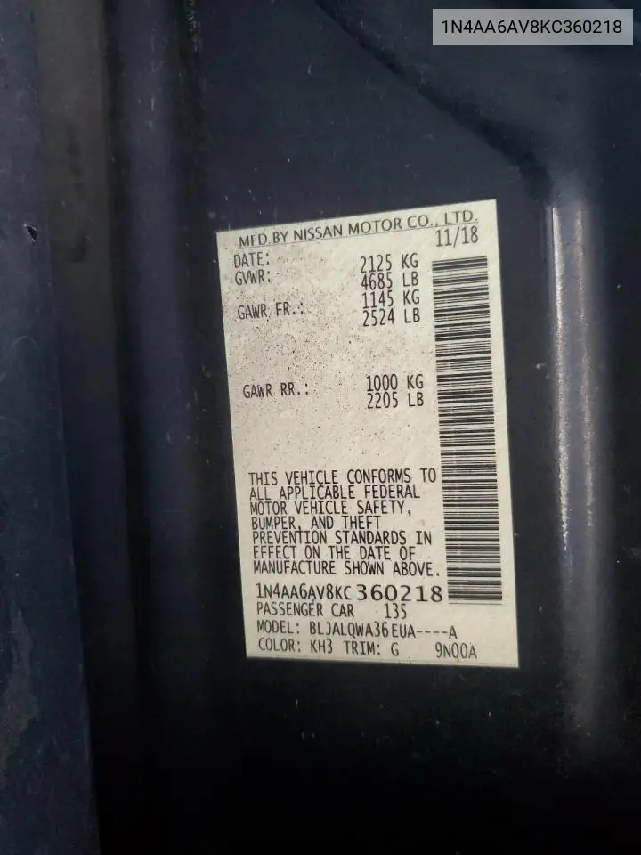 1N4AA6AV8KC360218 2019 Nissan Maxima S