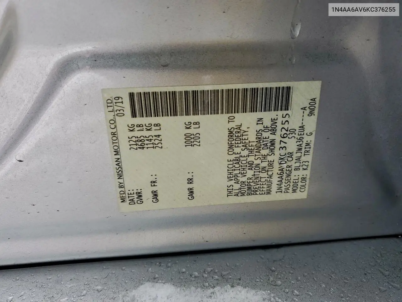 1N4AA6AV6KC376255 2019 Nissan Maxima S