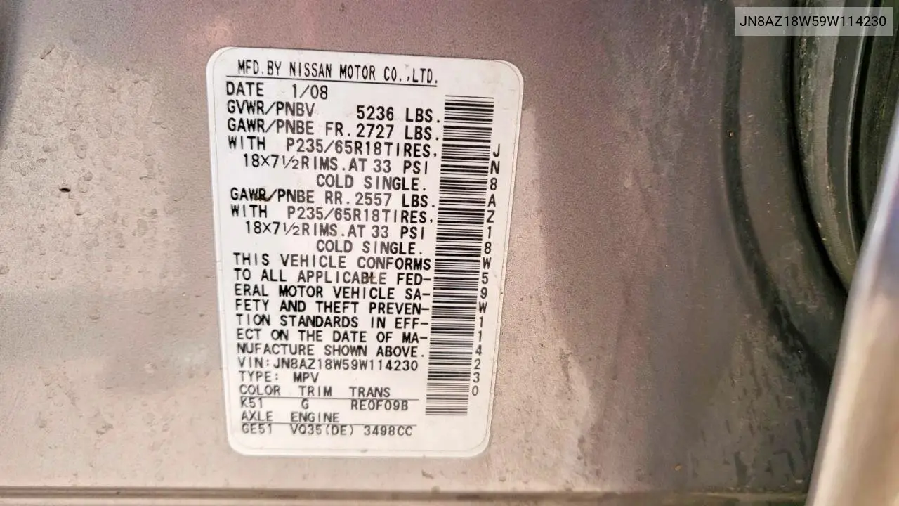 2009 Nissan Murano S VIN: JN8AZ18W59W114230 Lot: 41663866