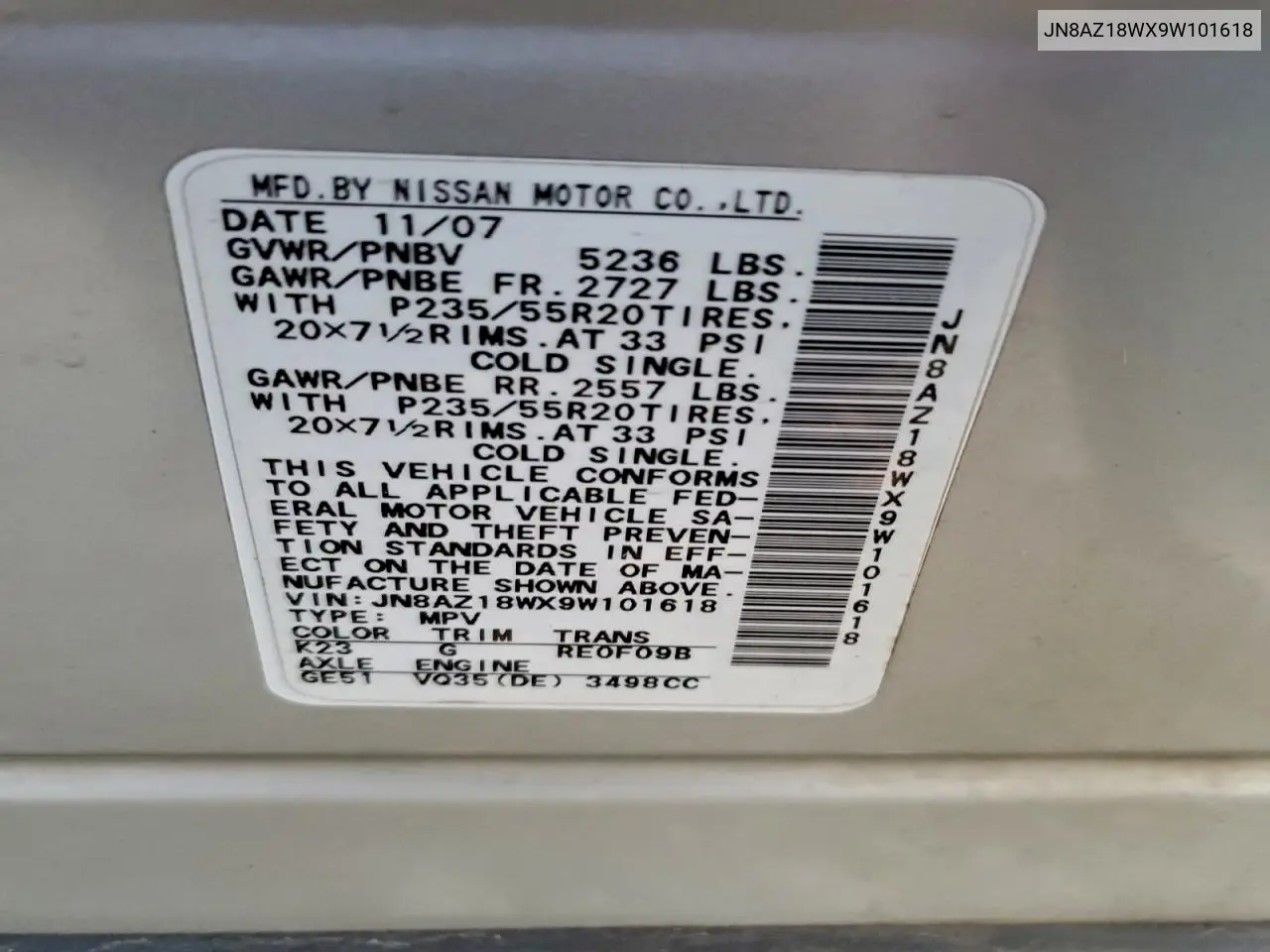 JN8AZ18WX9W101618 2009 Nissan Murano S