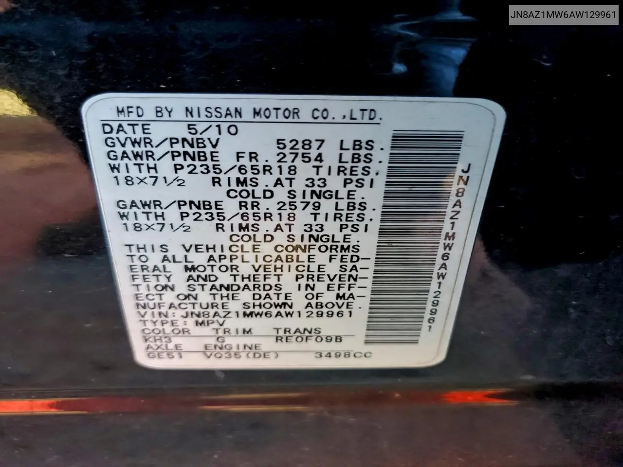 JN8AZ1MW6AW129961 2010 Niss Murano Sl
