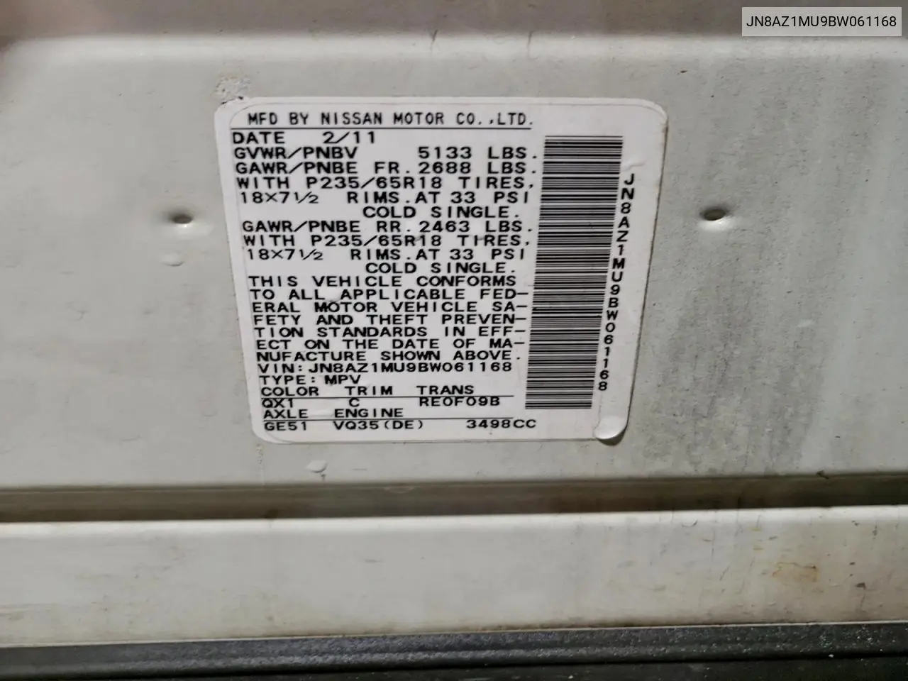 JN8AZ1MU9BW061168 2011 Nissan Murano S