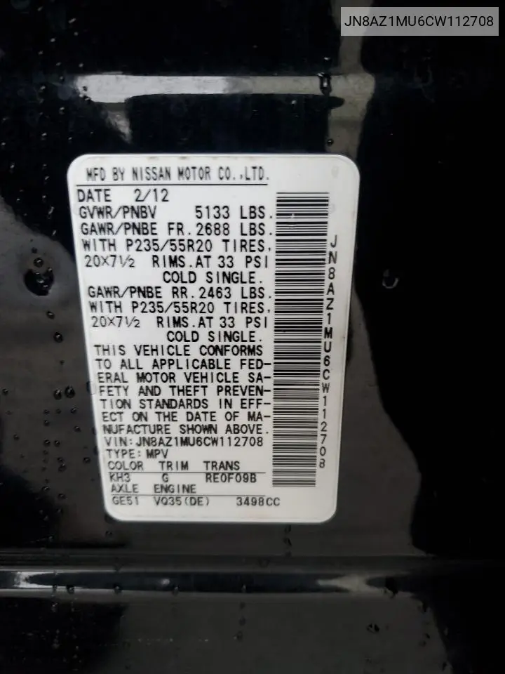 JN8AZ1MU6CW112708 2012 Nissan Murano S