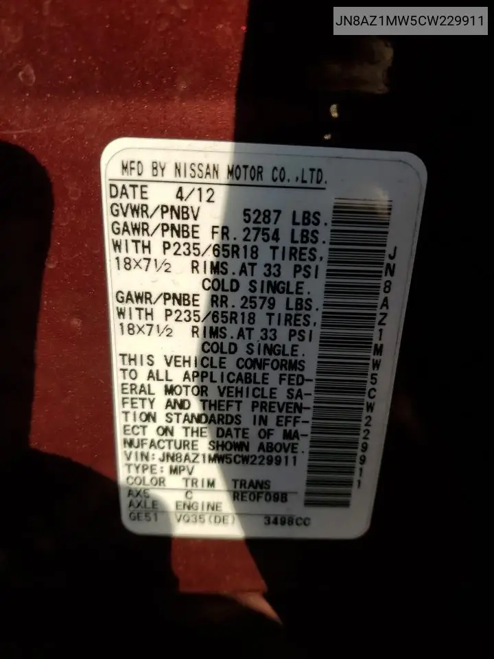 JN8AZ1MW5CW229911 2012 Nissan Murano S