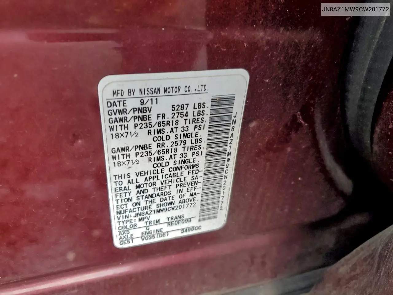 JN8AZ1MW9CW201772 2012 Nissan Murano S
