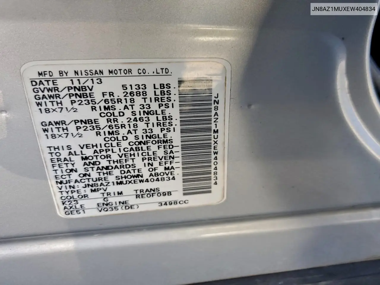 JN8AZ1MUXEW404834 2014 Nissan Murano S