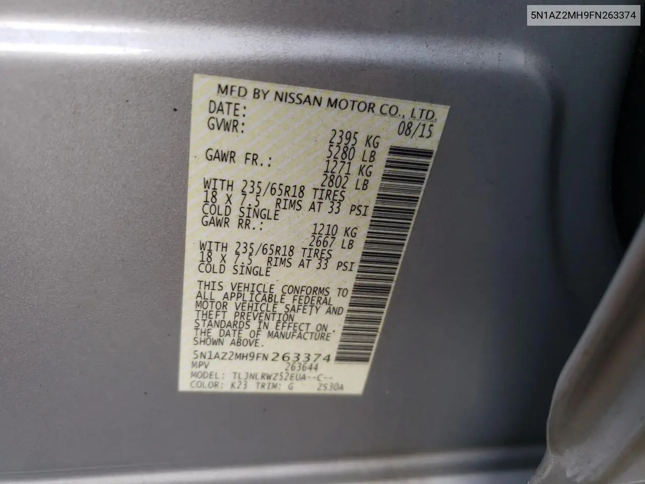 5N1AZ2MH9FN263374 2015 Nissan Murano S