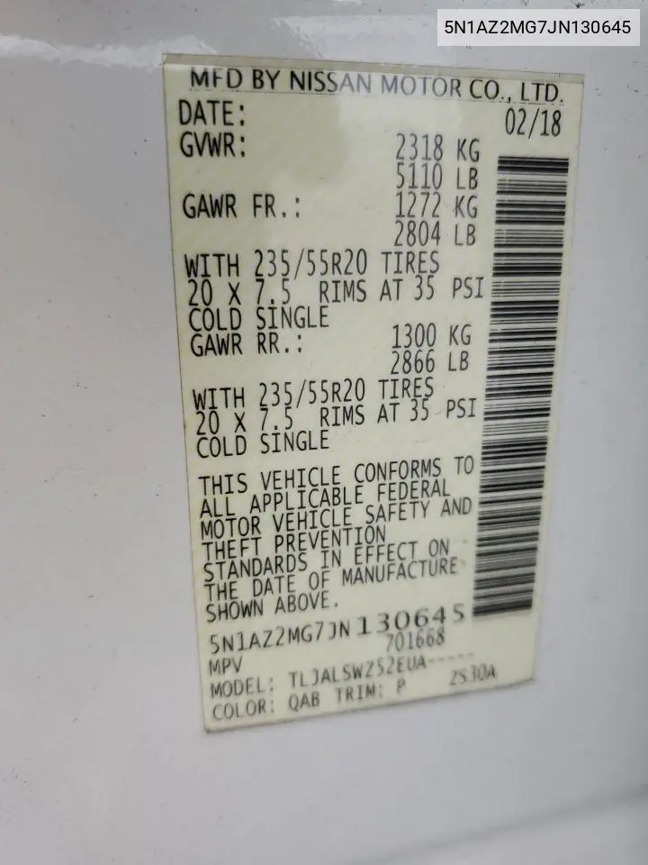 5N1AZ2MG7JN130645 2018 Nissan Murano S