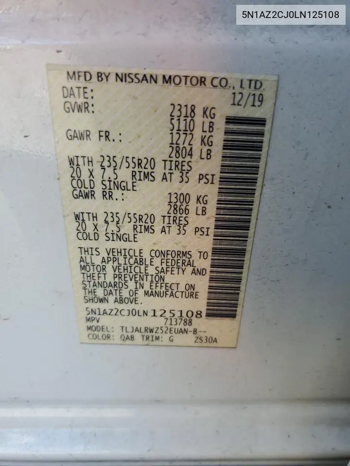 5N1AZ2CJ0LN125108 2020 Nissan Murano Sl