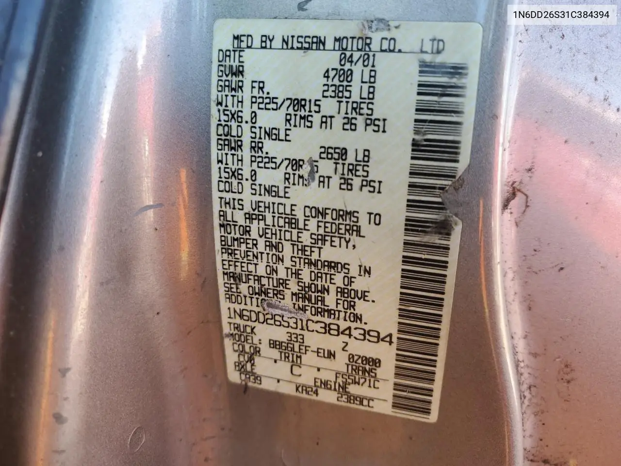 1N6DD26S31C384394 2001 Nissan Frontier King Cab Xe