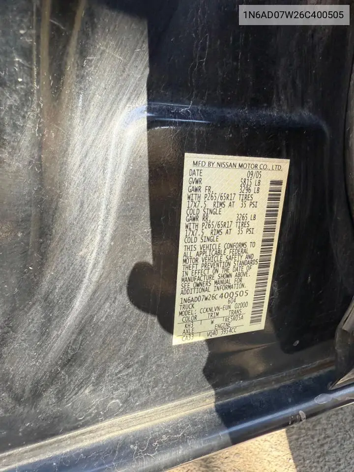 1N6AD07W26C400505 2006 Nissan Frontier Crew Cab Le