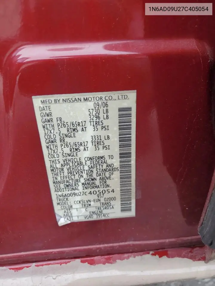1N6AD09U27C405054 2007 Nissan Frontier Crew Cab Le