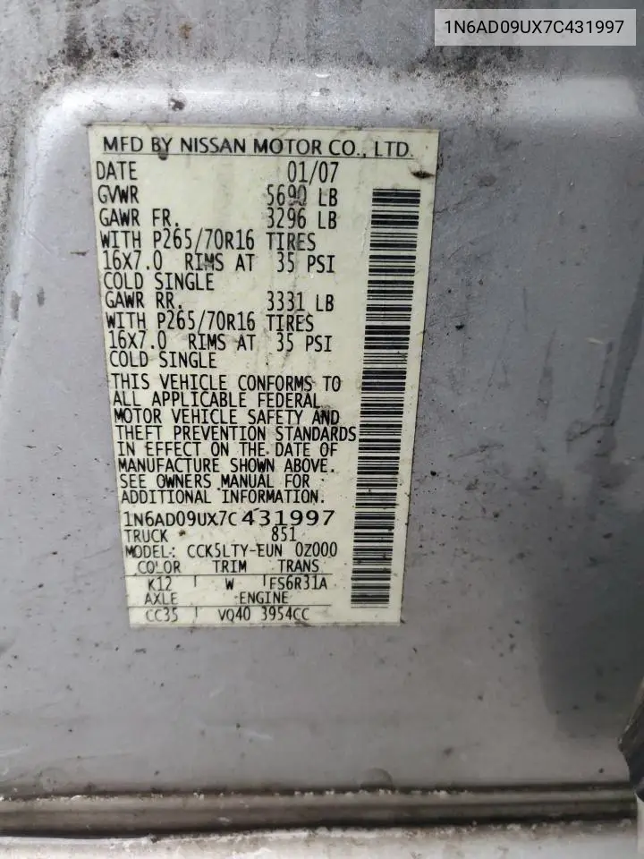 1N6AD09UX7C431997 2007 Nissan Frontier Crew Cab Le