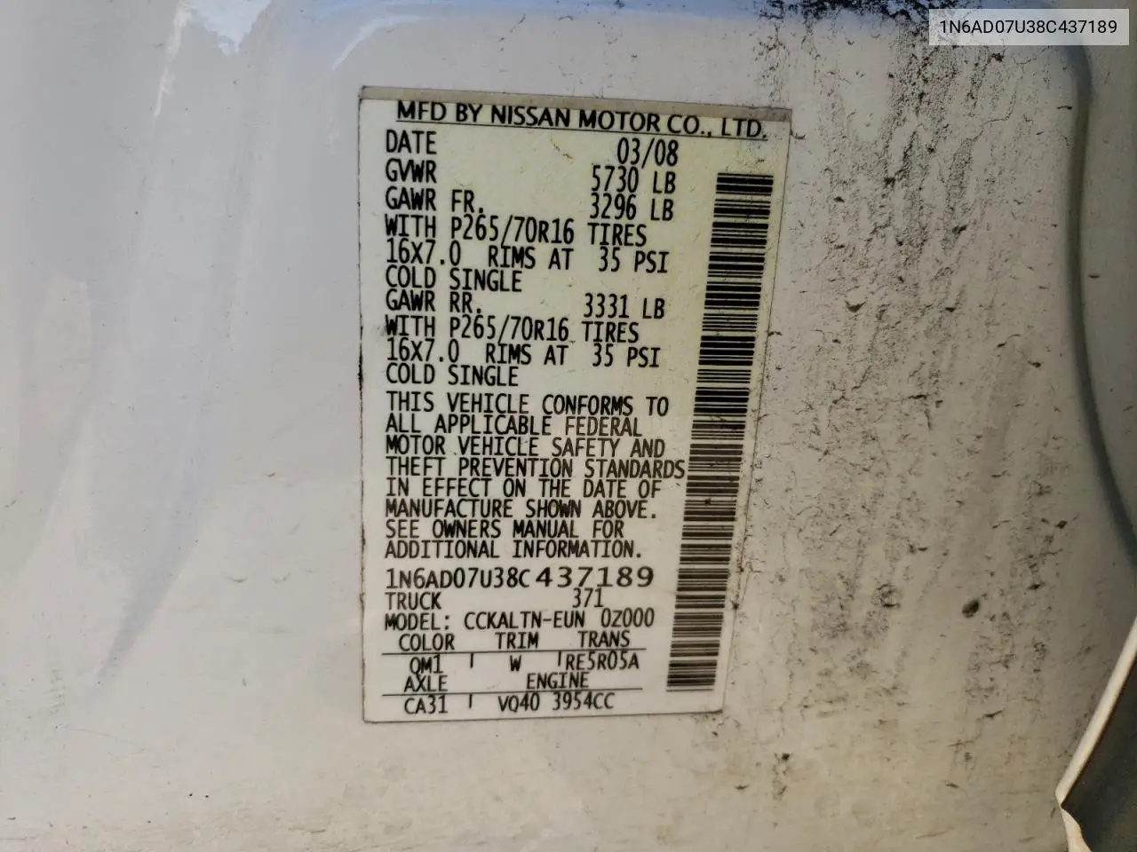 1N6AD07U38C437189 2008 Nissan Frontier Crew Cab Le