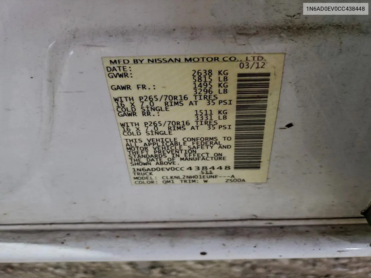 1N6AD0EV0CC438448 2012 Nissan Frontier S