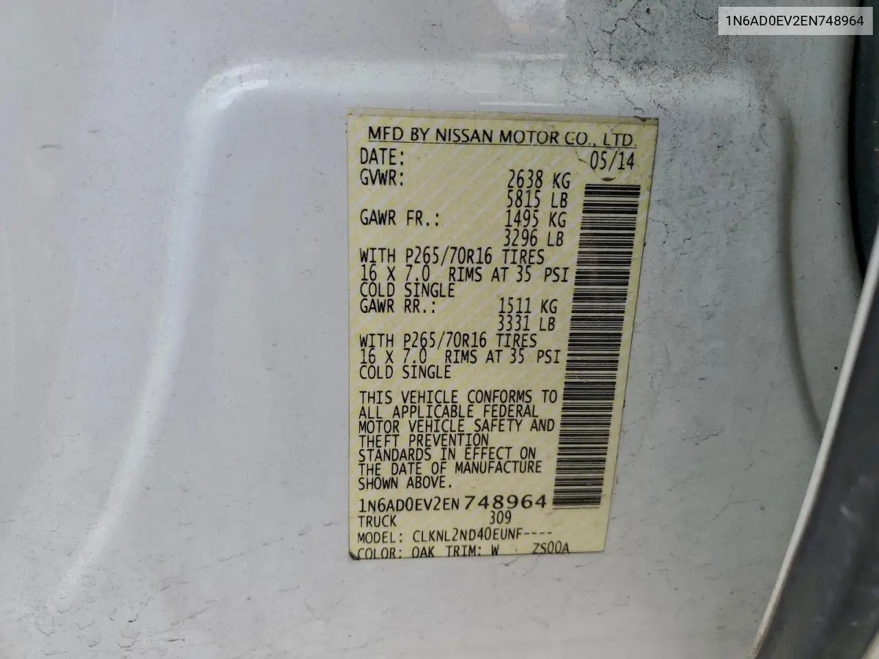 1N6AD0EV2EN748964 2014 Nissan Frontier S