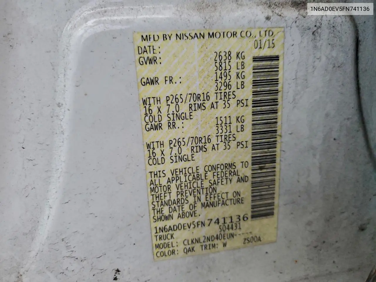 1N6AD0EV5FN741136 2015 Nissan Frontier S