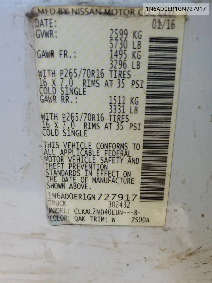 1N6AD0ER1GN727917 2016 Nissan Frontier S