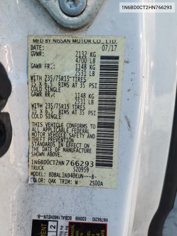 1N6BD0CT2HN766293 2017 Nissan Frontier S