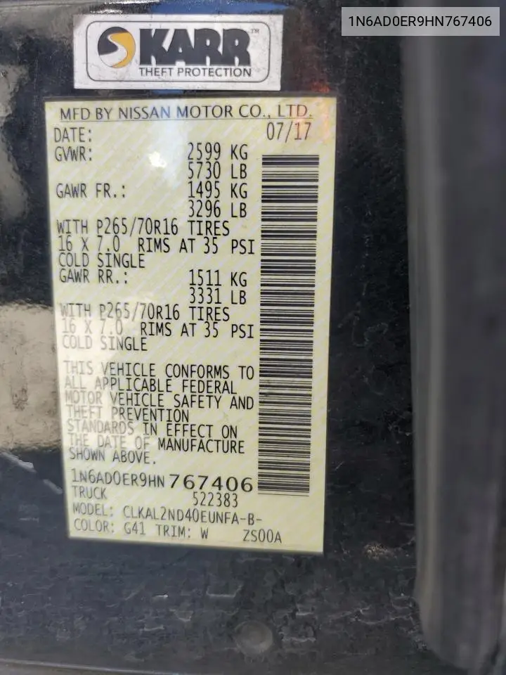1N6AD0ER9HN767406 2017 Nissan Frontier S