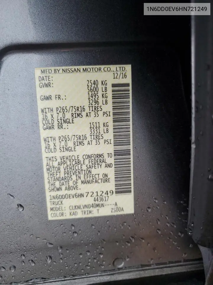 1N6DD0EV6HN721249 2017 Nissan Frontier S