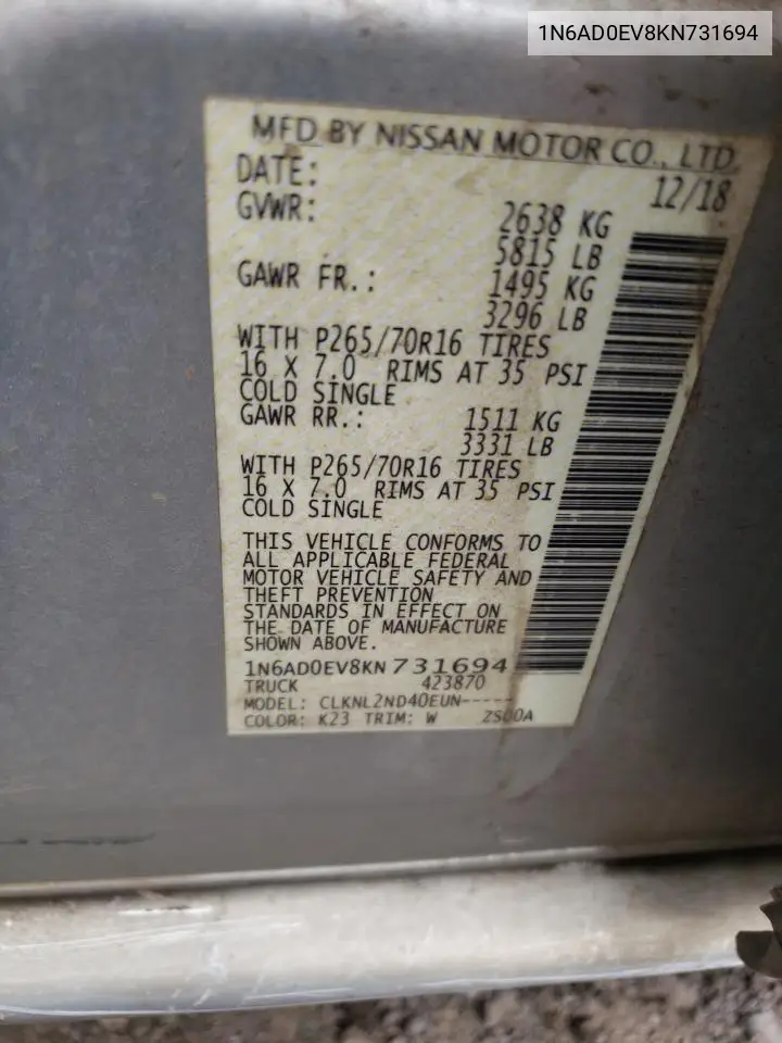 1N6AD0EV8KN731694 2019 Nissan Frontier S