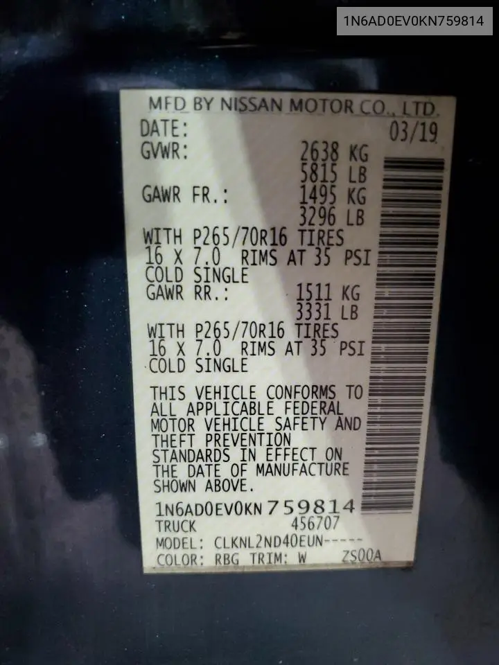 1N6AD0EV0KN759814 2019 Nissan Frontier S