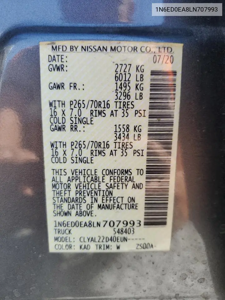1N6ED0EA8LN707993 2020 Nissan Frontier S