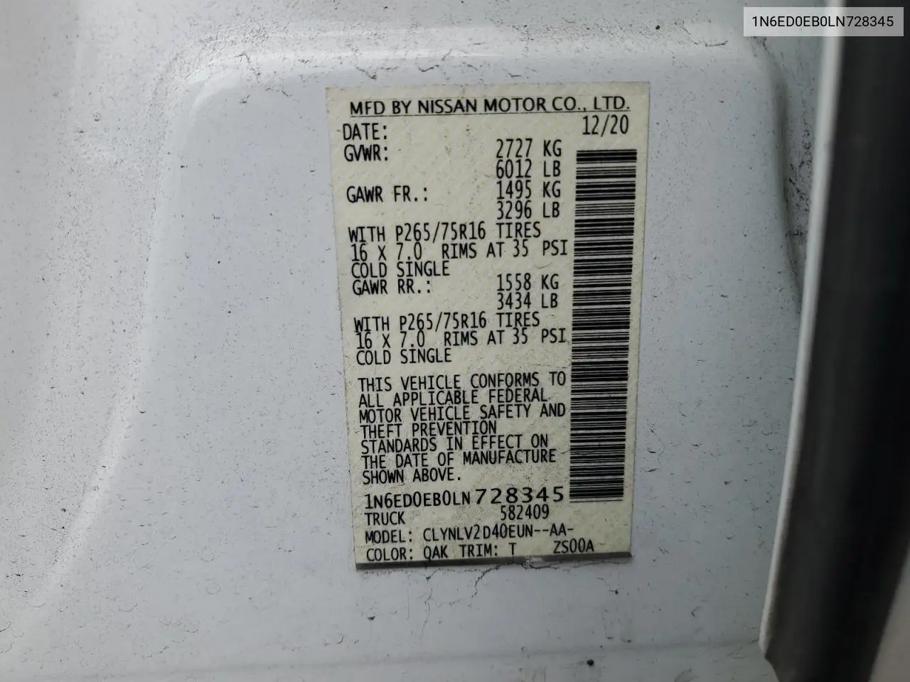 1N6ED0EB0LN728345 2020 Nissan Frontier S