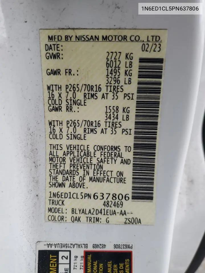 1N6ED1CL5PN637806 2023 Nissan Frontier S