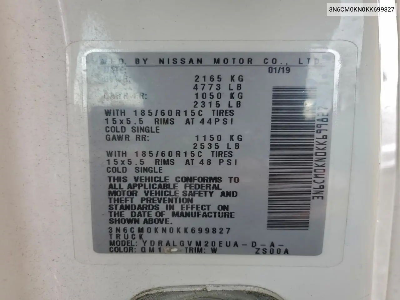 3N6CM0KN0KK699827 2019 Nissan Nv200 2.5S