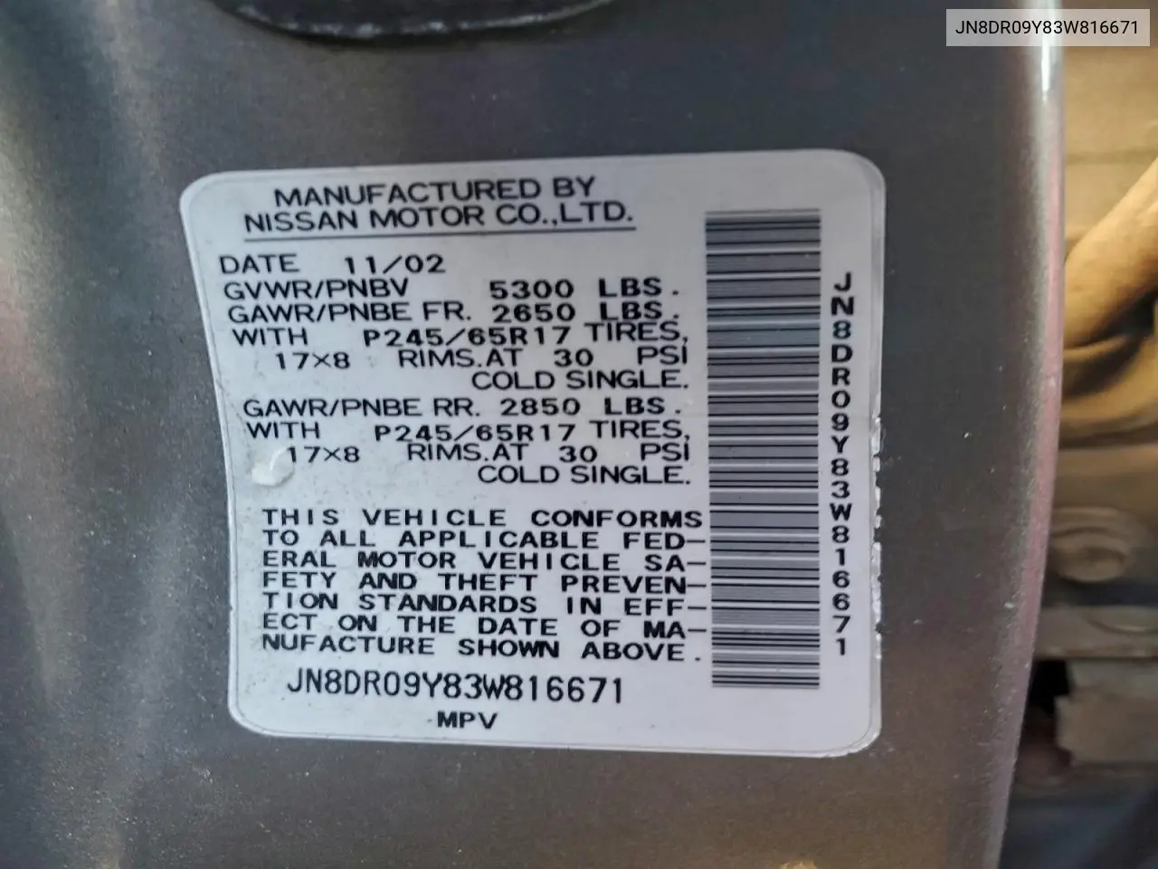 JN8DR09Y83W816671 2003 Nissan Pathfinder Le