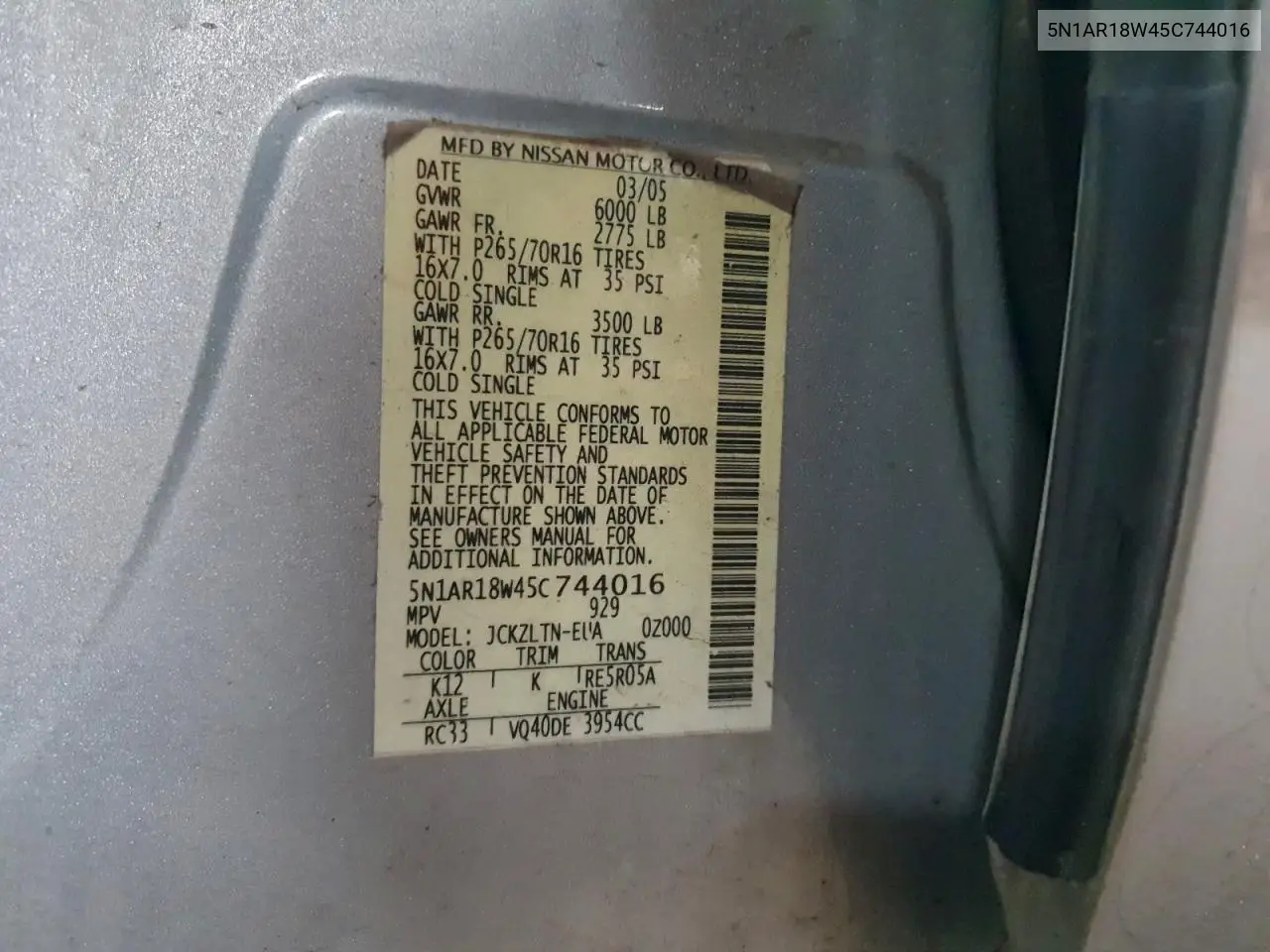 5N1AR18W45C744016 2005 Niss Pathfinder Xe