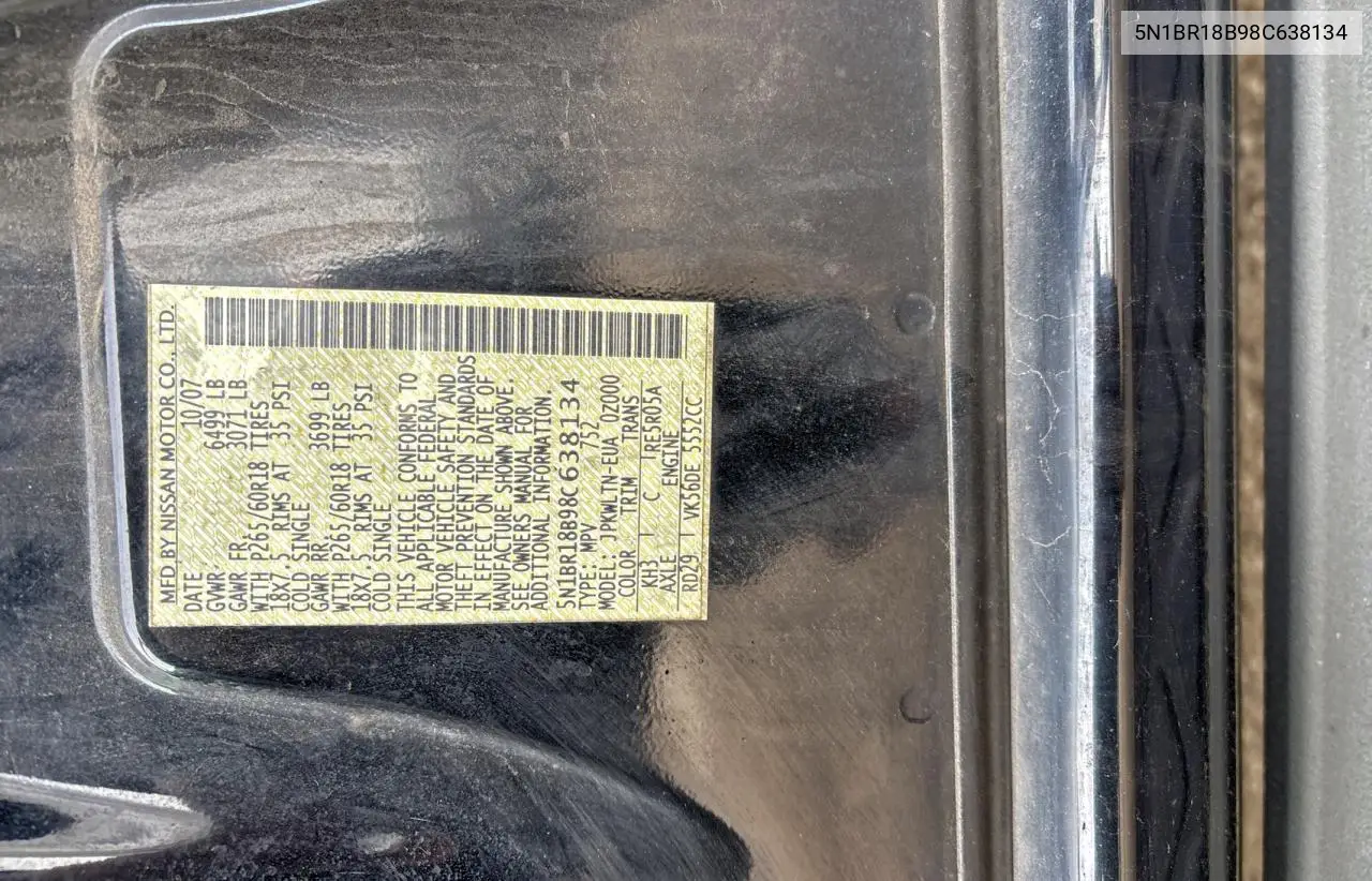 5N1BR18B98C638134 2008 Nissan Pathfinder Le