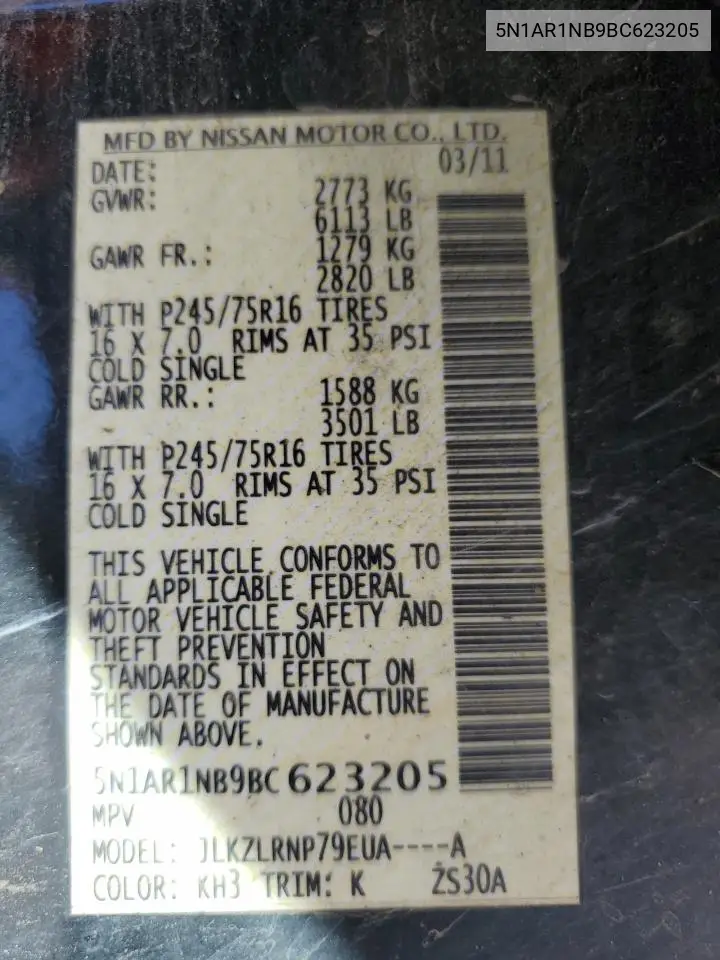 5N1AR1NB9BC623205 2011 Nissan Pathfinder S