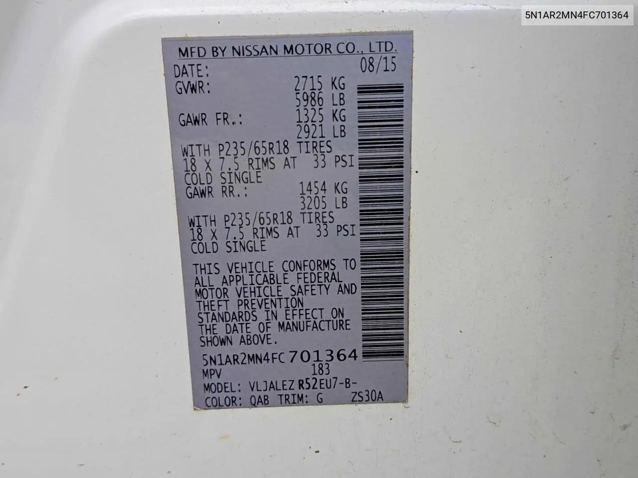 5N1AR2MN4FC701364 2015 Nissan Pathfinder S