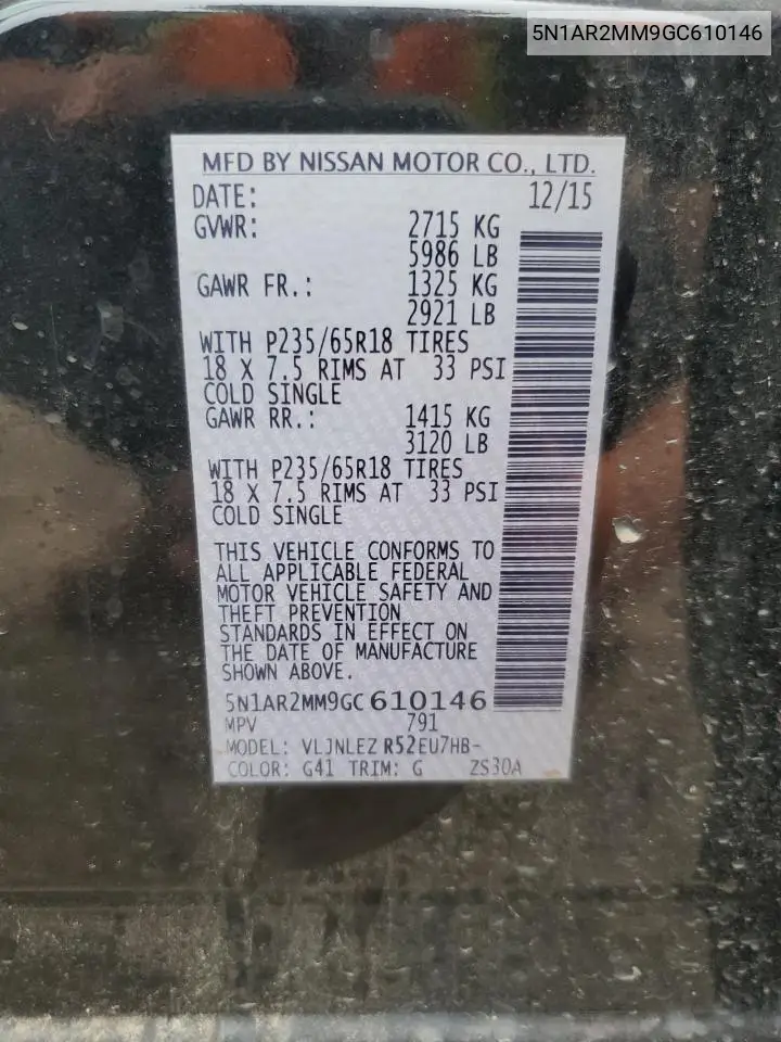 5N1AR2MM9GC610146 2016 Nissan Pathfinder S